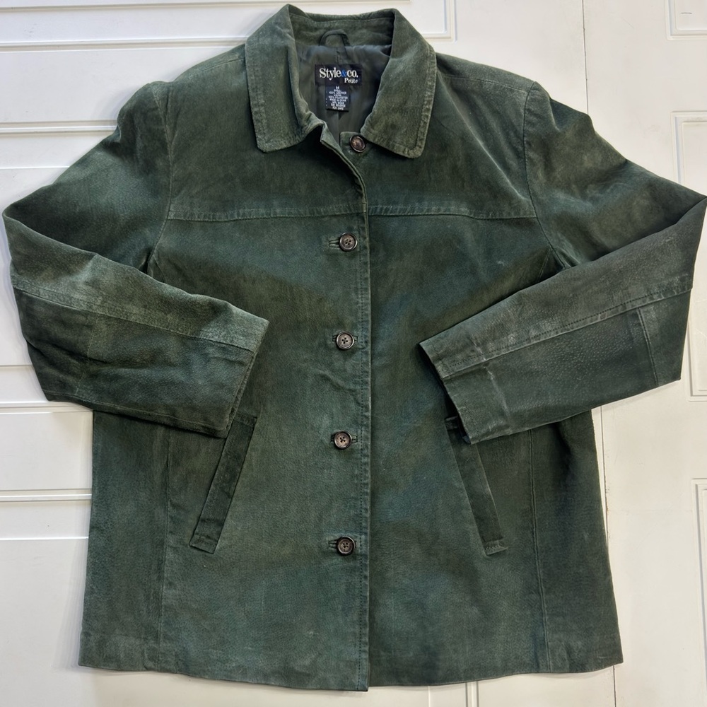 Style & Co. Petite Vintage Womens Sz M Green Nubuck Leather Jacket